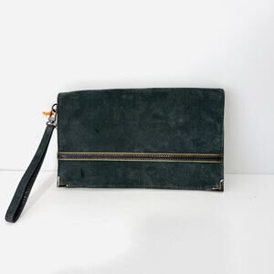 Elegant Black Suede Clutch Purse with Wrist Strap & Interior Zip Pocket - Chic!